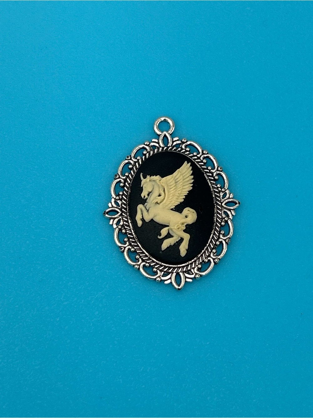 Silver Frame Black and Cream Pegasus Pendant Charm